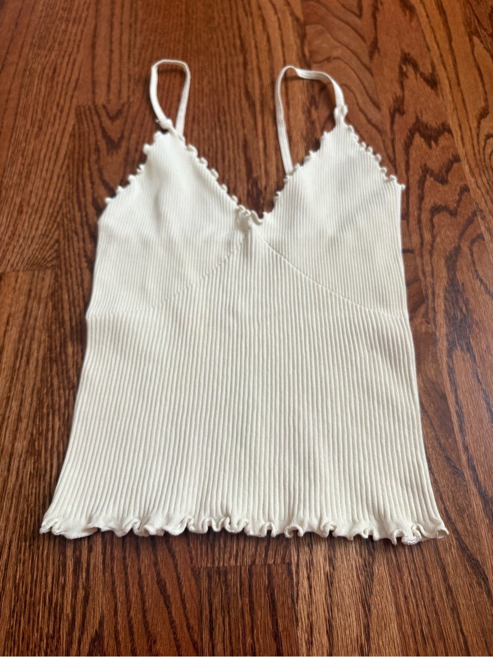 Free People Cream Ribbed V-Neck Lettuce-Edge Cami